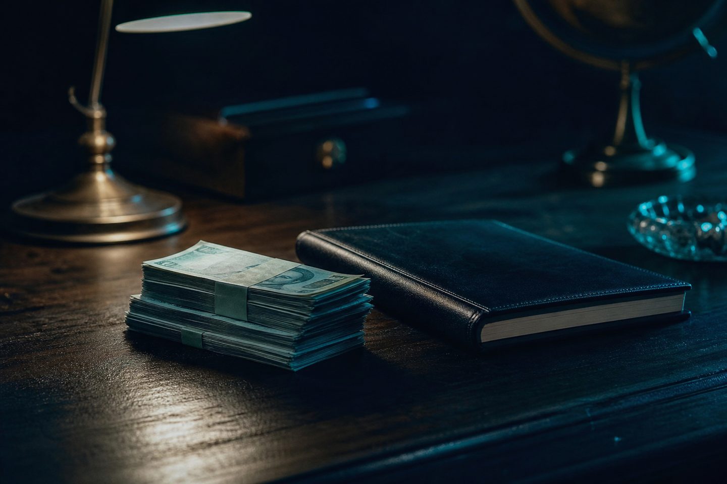 Billetes junto a un libro contable cerrado sobre un escritorio oscuro, en alusión al cierre financiero de 2024.