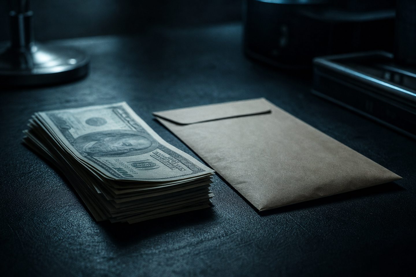 Un pequeño fajo de billetes de dólar junto a un sobre de pago sobre un escritorio oscuro, en referencia a las remuneraciones.