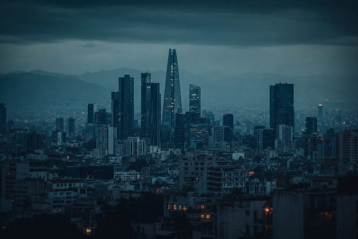 Silueta del horizonte de una ciudad latinoamericana al anochecer, con luces distantes.