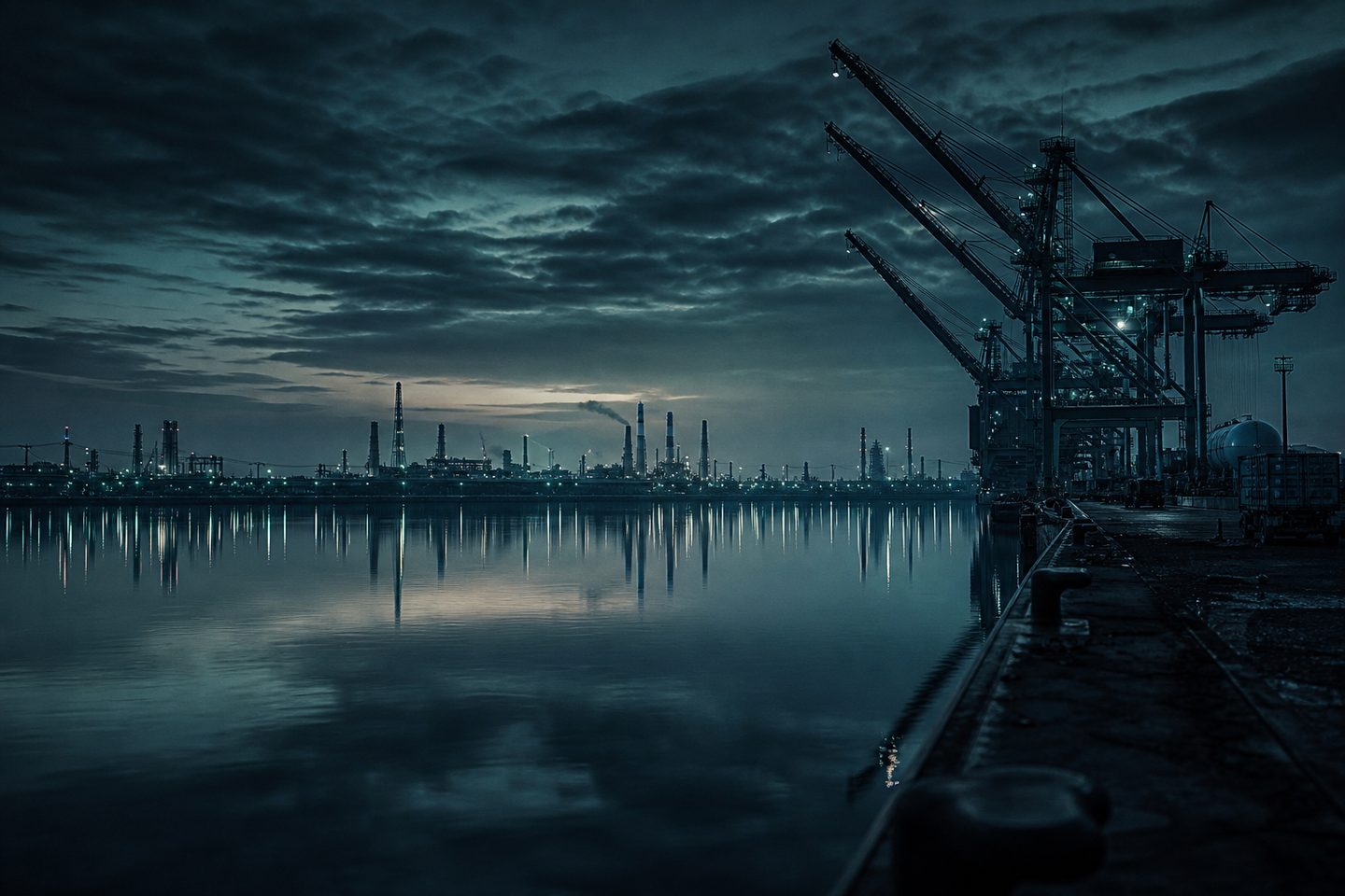 Puerto industrial con grúas y una refinería al anochecer, en referencia a la actividad económica.