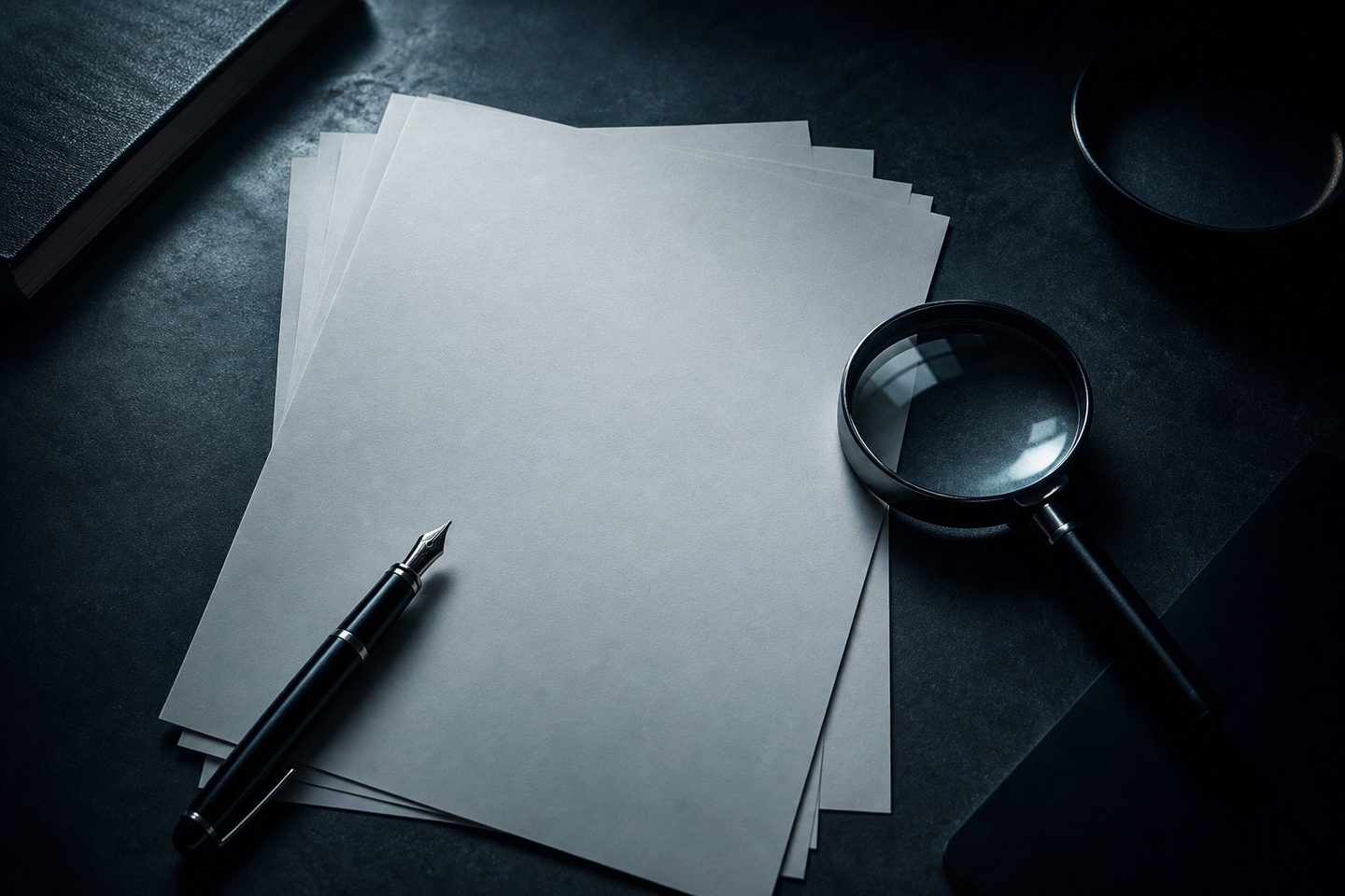 Hojas de papel en blanco, una pluma y una lupa sobre un escritorio oscuro, en referencia a la revisión y las fuentes.