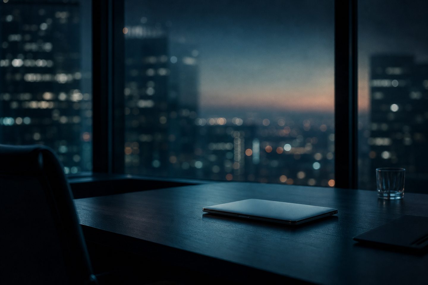 Escritorio de oficina junto a una ventana al anochecer, en referencia a las remuneraciones del trabajo.