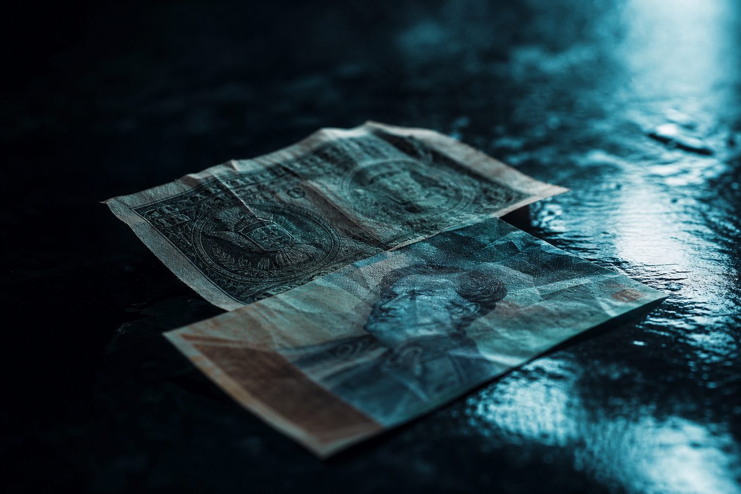 Un billete de dólar y un billete de bolívar sobre una superficie oscura, en referencia al tipo de cambio.